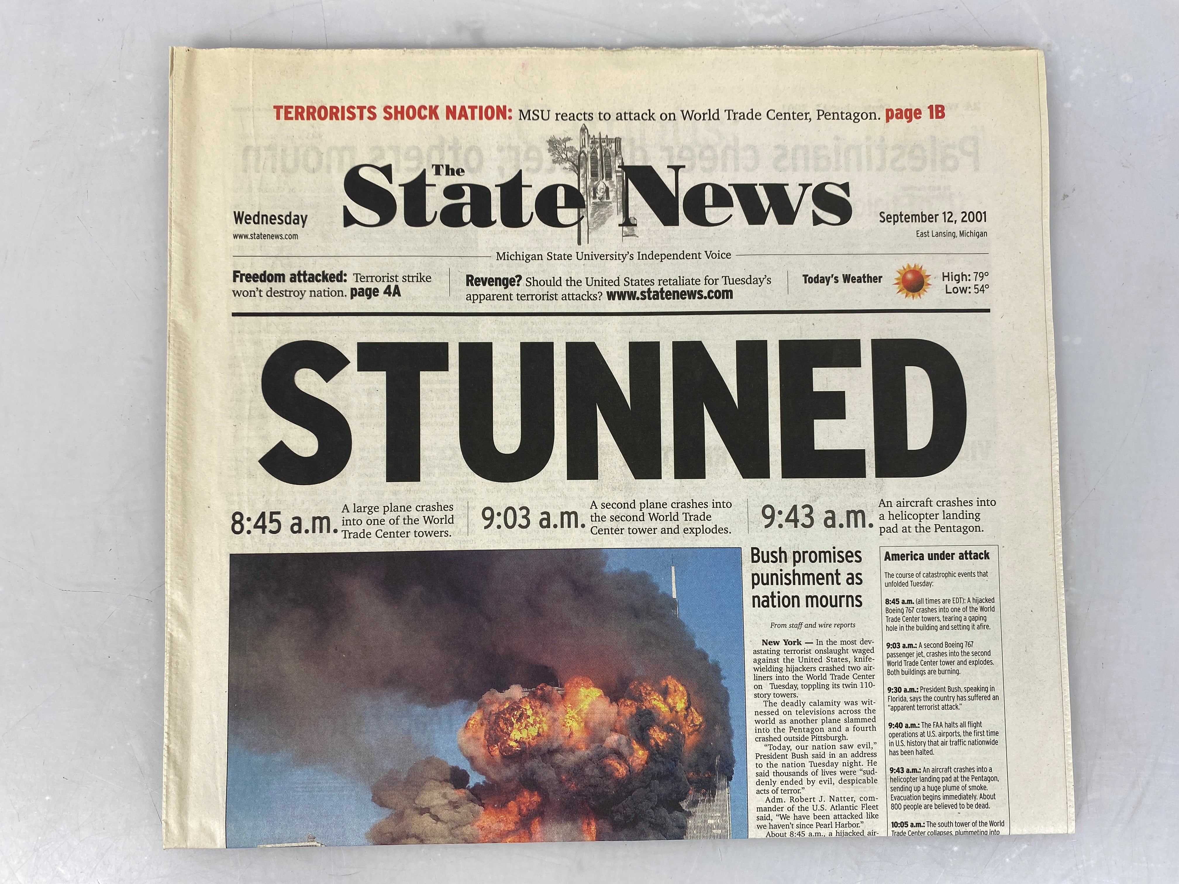 Michigan State University (MSU) State News - 9/11/2001 Student Newspaper on Terror Attacks