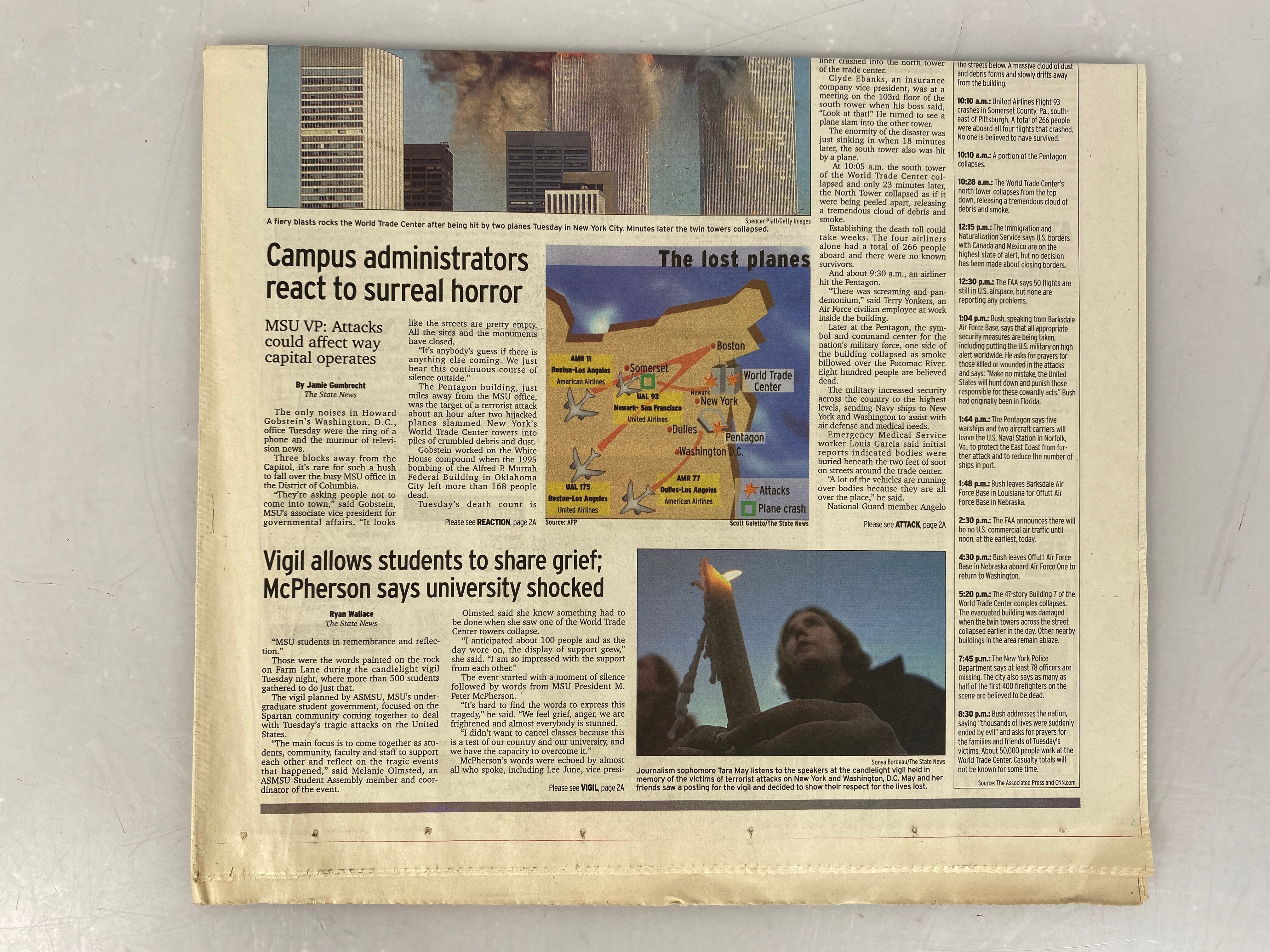 Michigan State University (MSU) State News - 9/11/2001 Student Newspaper on Terror Attacks